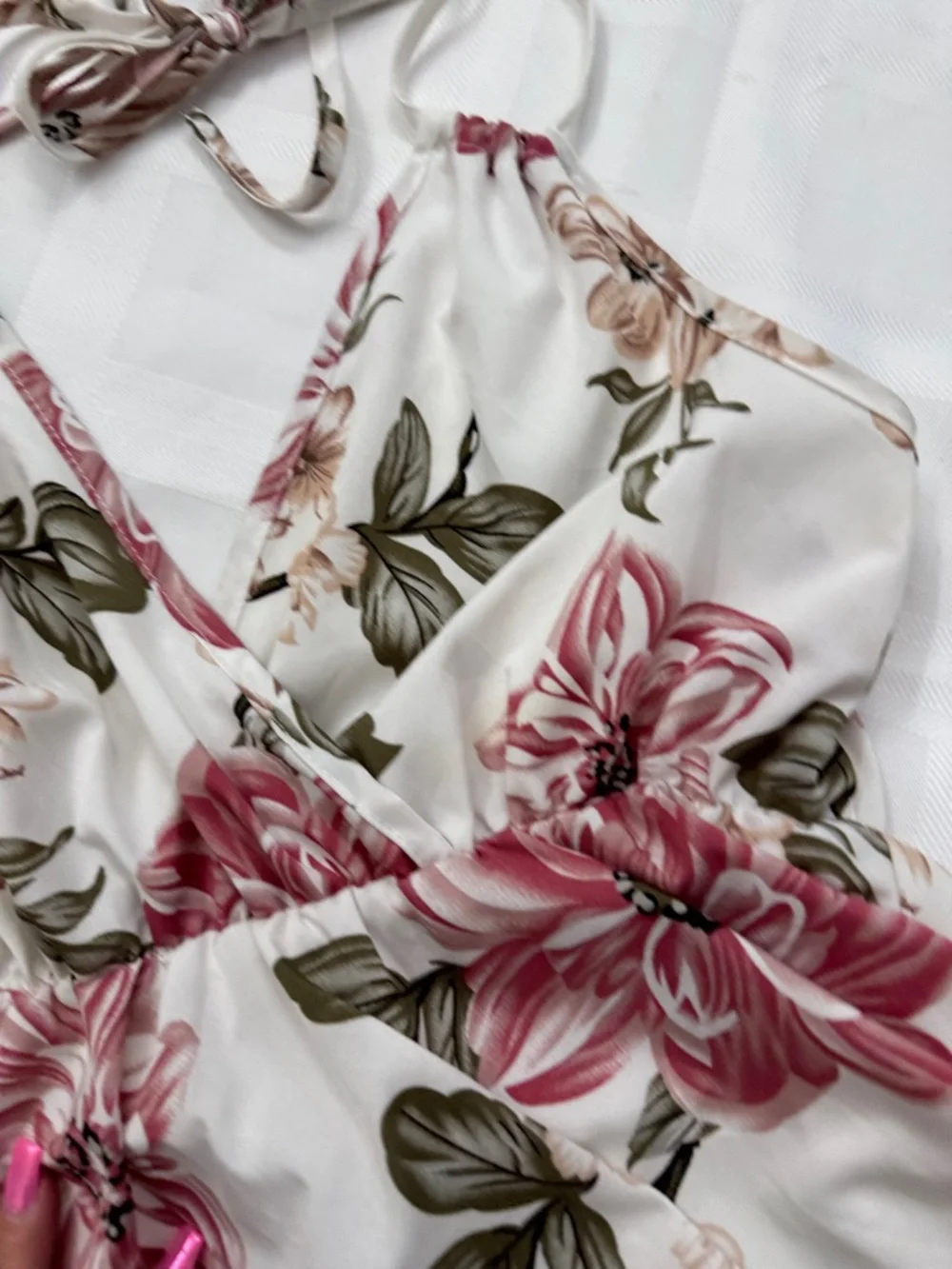 SHEIN White Floral Tie-Strap V-Neck Cami Top - Pink & Green - Picture 7 of 10